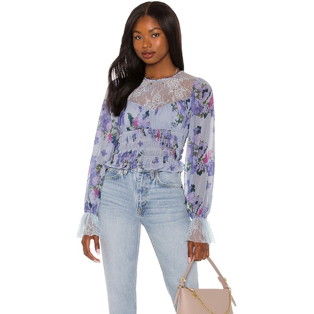 Free People romantic blue floral & lace cropped blouse